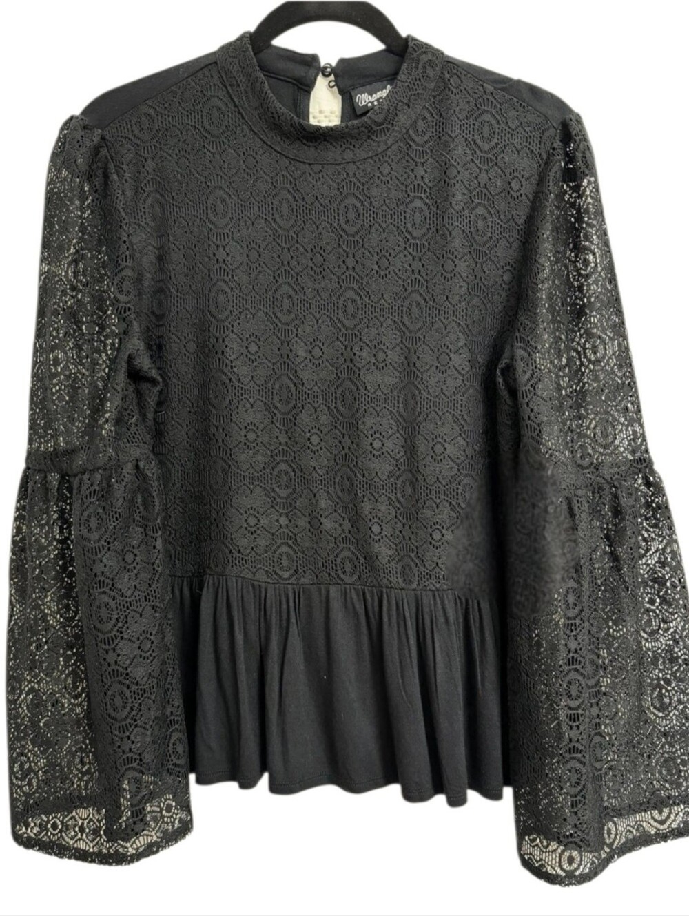 Wrangler Retro Black Lace Peplum Top Mock Neck Bell Sleeve M